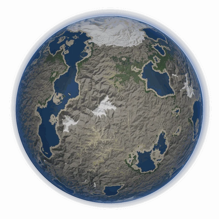 The generated world seen from orbit: a polar ice cap, inland seas and eroded mountain ranges