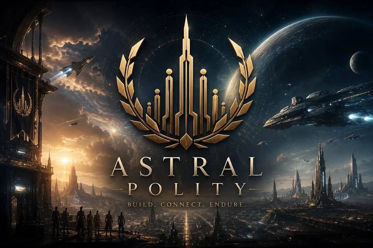 Astral Polity key art: a laurel emblem over a distant city, with ships above it